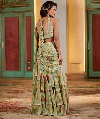 Green floral printed chiffon saree 3