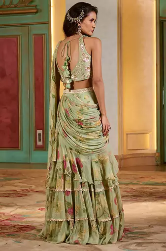 Green floral printed chiffon saree