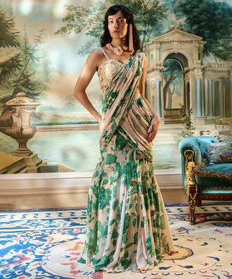 Ivory floral printed georgette saree 1