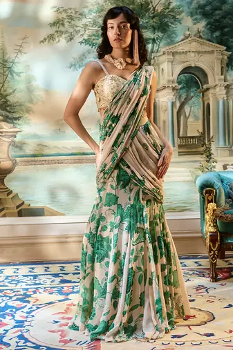 Ivory floral printed georgette saree