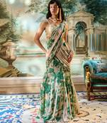 Ivory floral printed georgette saree