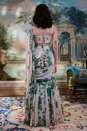 Ivory floral printed georgette saree