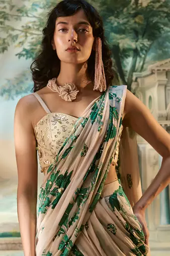 Ivory floral printed georgette saree