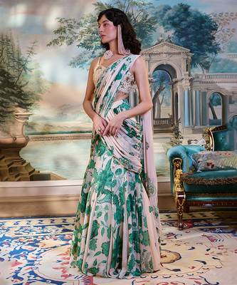 Ivory floral printed georgette saree 4
