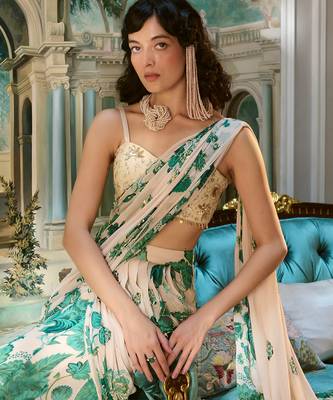 Ivory floral printed georgette saree 5