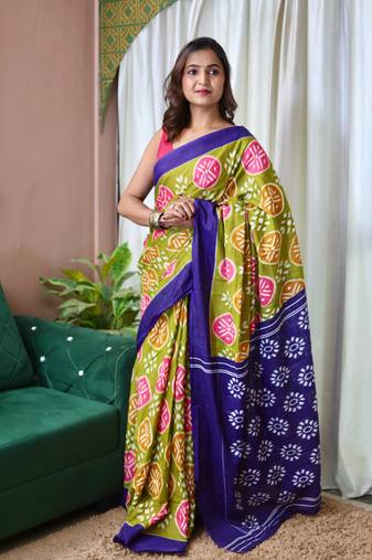 navy blue mulmul cotton printed fancy saree with blouse