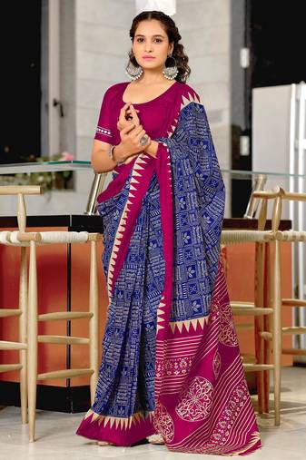 blue mulmul cotton printed fancy saree with blouse