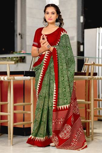 green mulmul cotton printed fancy saree with blouse