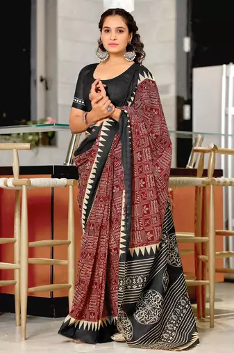 maroon mulmul cotton printed fancy saree with blouse