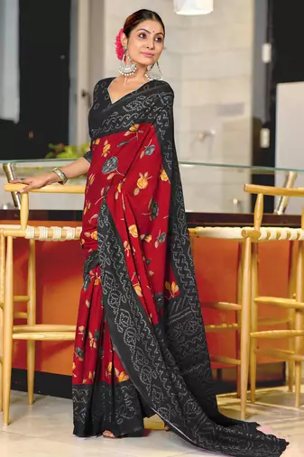 red mulmul cotton printed fancy saree with blouse