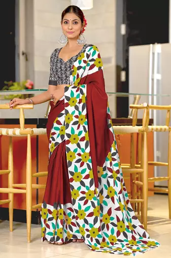 maroon soft cotton printed fancy saree with blouse