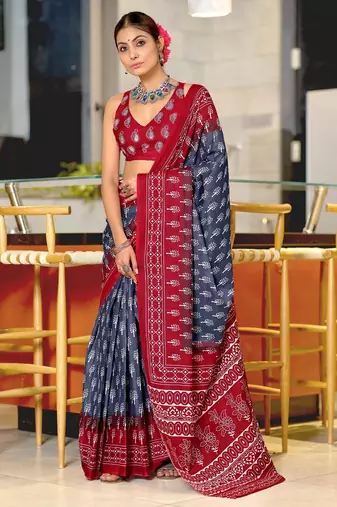 grey soft cotton printed fancy saree with blouse