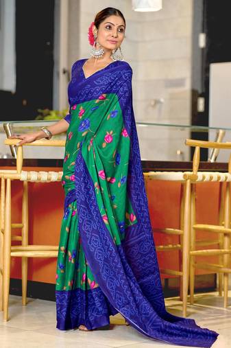 green mulmul cotton printed fancy saree with blouse