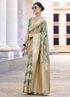 Pista & beige cotton linen silk golden weaving office wear saree 1