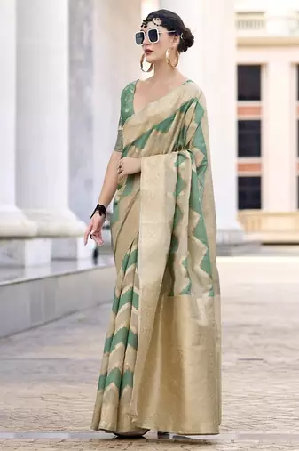 Pista & beige cotton linen silk golden weaving office wear saree