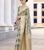 Pista & beige cotton linen silk golden weaving office wear saree