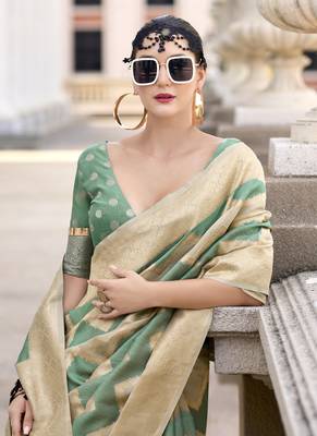 Pista & beige cotton linen silk golden weaving office wear saree 2