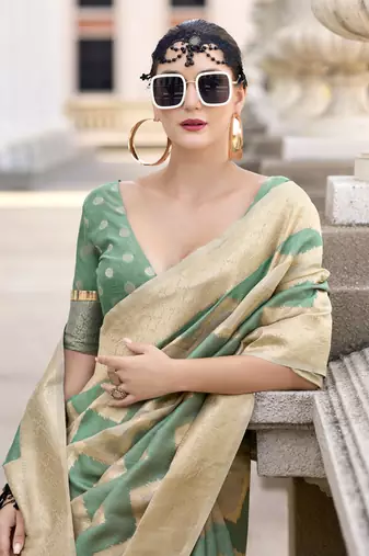 Pista & beige cotton linen silk golden weaving office wear saree