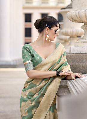 Pista & beige cotton linen silk golden weaving office wear saree 3
