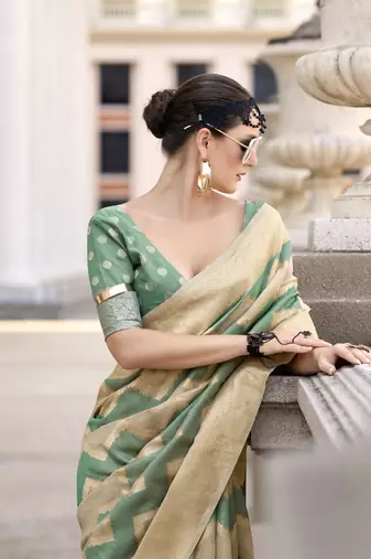 Pista & beige cotton linen silk golden weaving office wear saree