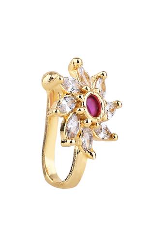 Gold plated floral shaped cubic zirconia american diamond clip on non piercing pressing type nose pin, stud for women