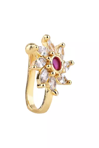 Gold plated floral shaped cubic zirconia american diamond clip on non piercing pressing type nose pin, stud for women