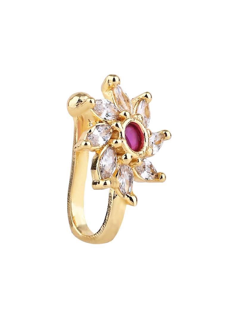 Gold plated floral shaped cubic zirconia american diamond clip on non piercing pressing type nose pin, stud for women