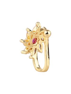 Gold plated floral shaped cubic zirconia american diamond clip on non piercing pressing type nose pin, stud for women 2