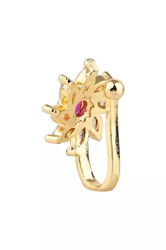 Gold plated floral shaped cubic zirconia american diamond clip on non piercing pressing type nose pin, stud for women