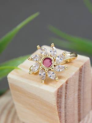 Gold plated floral shaped cubic zirconia american diamond clip on non piercing pressing type nose pin, stud for women 3