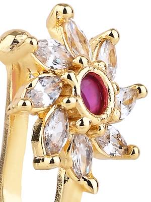Gold plated floral shaped cubic zirconia american diamond clip on non piercing pressing type nose pin, stud for women 4