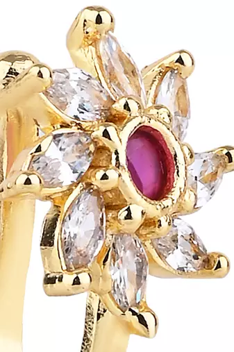 Gold plated floral shaped cubic zirconia american diamond clip on non piercing pressing type nose pin, stud for women