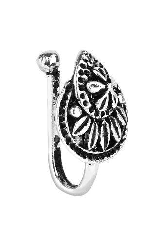 Navratri ethnic silver plated clip on non piercing pressing type nose pin, nose ring stud for women 