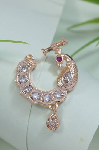 Traditional peacock design cz american diamond non-piercing screw press nose pin/nath clip on for women 