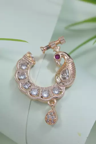 Traditional peacock design cz american diamond non-piercing screw press nose pin/nath clip on for women 