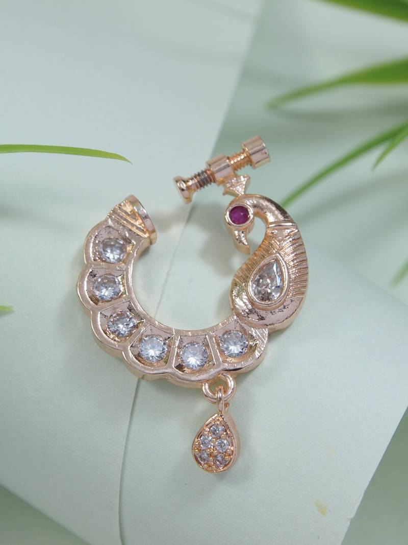 Traditional peacock design cz american diamond non-piercing screw press nose pin/nath clip on for women 