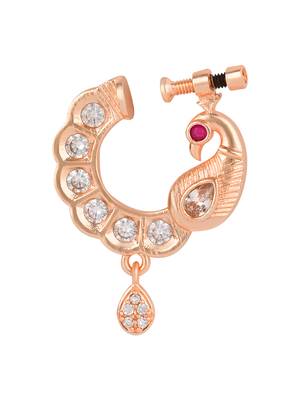 Traditional peacock design cz american diamond non-piercing screw press nose pin/nath clip on for women  2