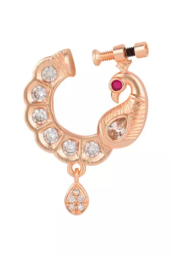 Traditional peacock design cz american diamond non-piercing screw press nose pin/nath clip on for women 