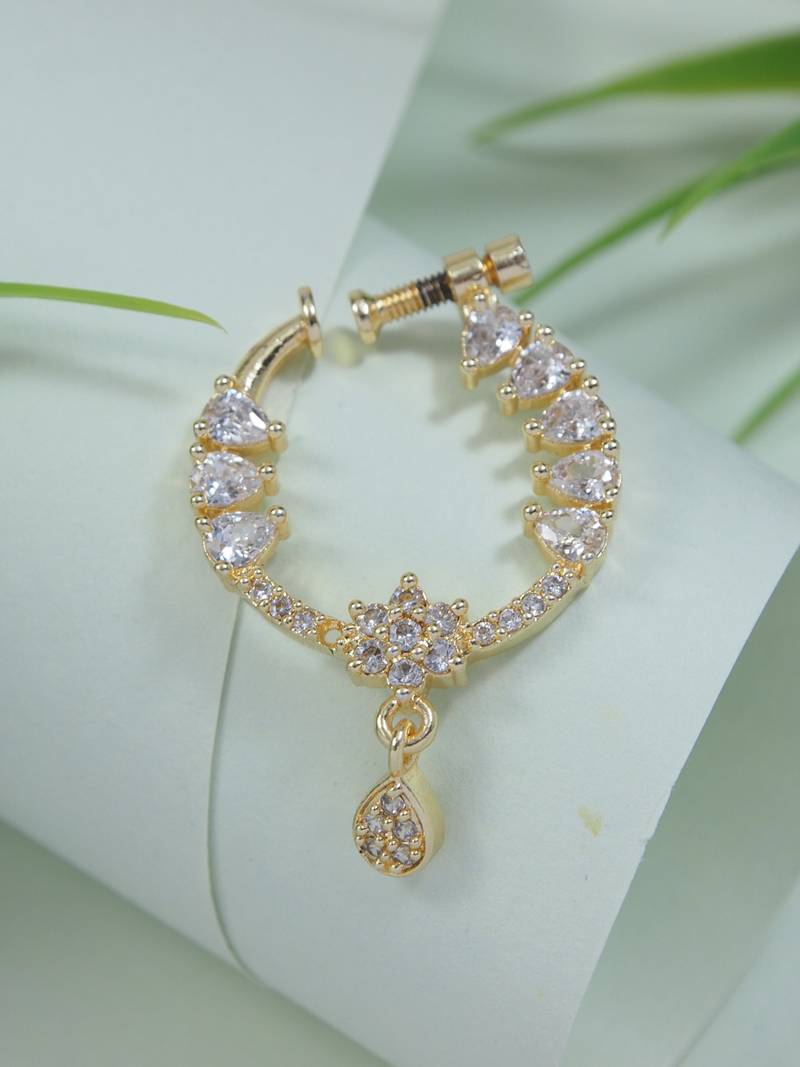 Gold plated drop cz american diamond non-piercing screw press nose ring for women 