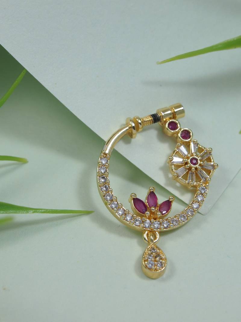 Gold plated drop cz american diamond non-piercing screw press nose ring for women 