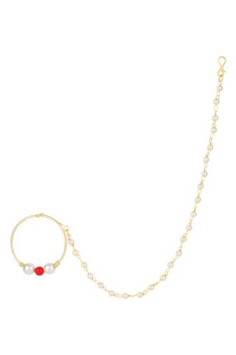Gold plated ethnic bridal nose ring/nath without piercing with single pearl chain for woman 