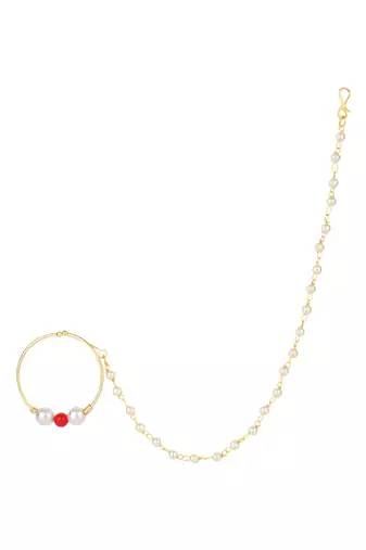 Gold plated ethnic bridal nose ring/nath without piercing with single pearl chain for woman 