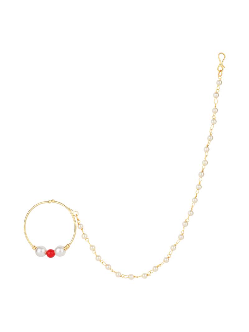 Gold plated ethnic bridal nose ring/nath without piercing with single pearl chain for woman 