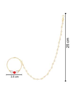 Gold plated ethnic bridal nose ring/nath without piercing with single pearl chain for woman  2
