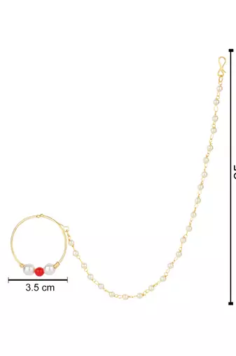 Gold plated ethnic bridal nose ring/nath without piercing with single pearl chain for woman 