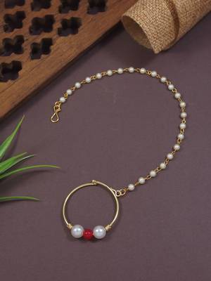 Gold plated ethnic bridal nose ring/nath without piercing with single pearl chain for woman  3