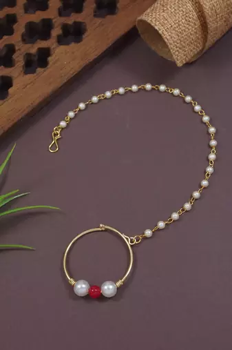 Gold plated ethnic bridal nose ring/nath without piercing with single pearl chain for woman 
