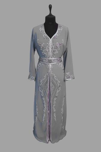 Grey color luxurious Handmade Moroccan Kaftan with hijjab