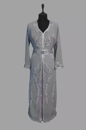 Grey color luxurious Handmade Moroccan Kaftan with hijjab