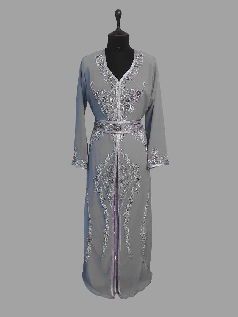 Grey color luxurious Handmade Moroccan Kaftan with hijjab